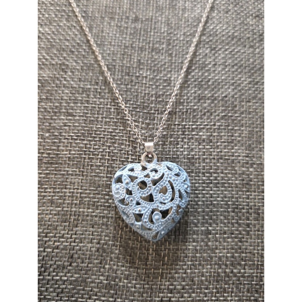 Blue Filigree Heart Necklace Open Cut Out Design w/ 18" Silver Tone Chain
